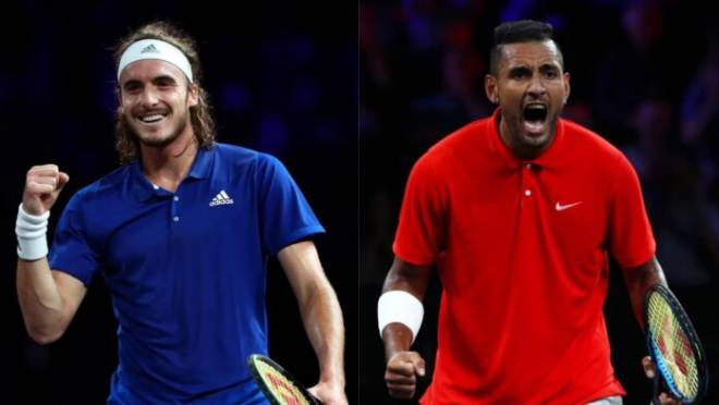 Tsitsipas (áo xanh) dễ dàng đánh bại Kyrgios