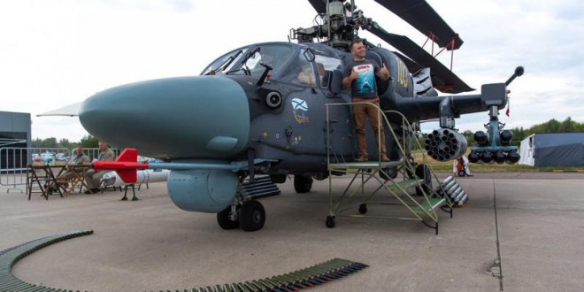 Trực thăng Ka-52K tại triển lãm hàng không MAKS-2021 gần thủ đô Moscow (Nga) hôm 25-7. Ảnh: Bai Xueqi/Xinhua/ Getty Images
