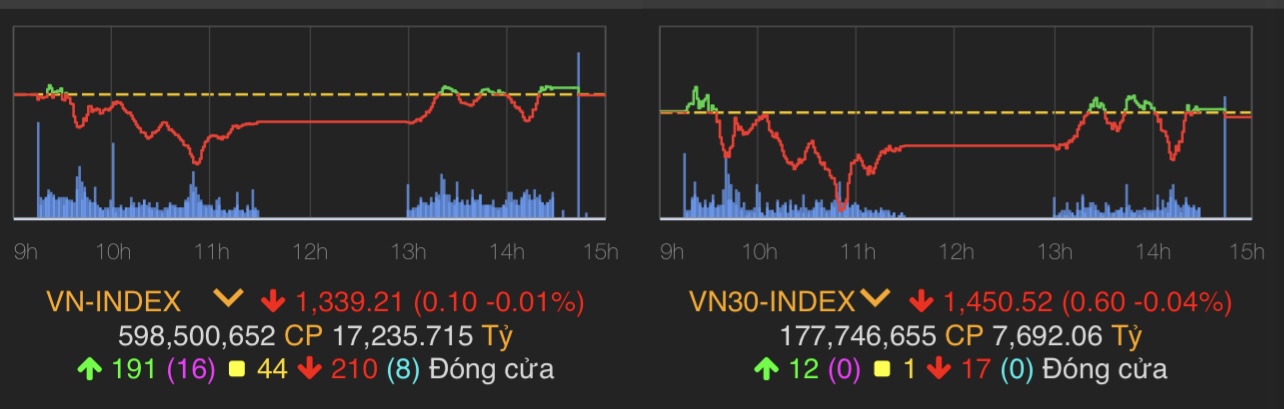 VN-Index giảm 0,1 điểm (0,01%) còn 1.339,21 điểm.