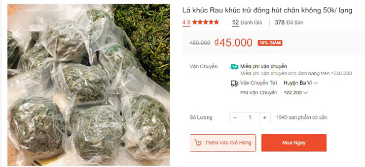 Trên các sàn thương mại điện tử, loại rau này cũng được bán ở dạng trữ đông, đóng gói hút chân không, 100gr lá khúc có giá từ 45.000 - 50.000 đồng, tức 500.000 đồng/kg
