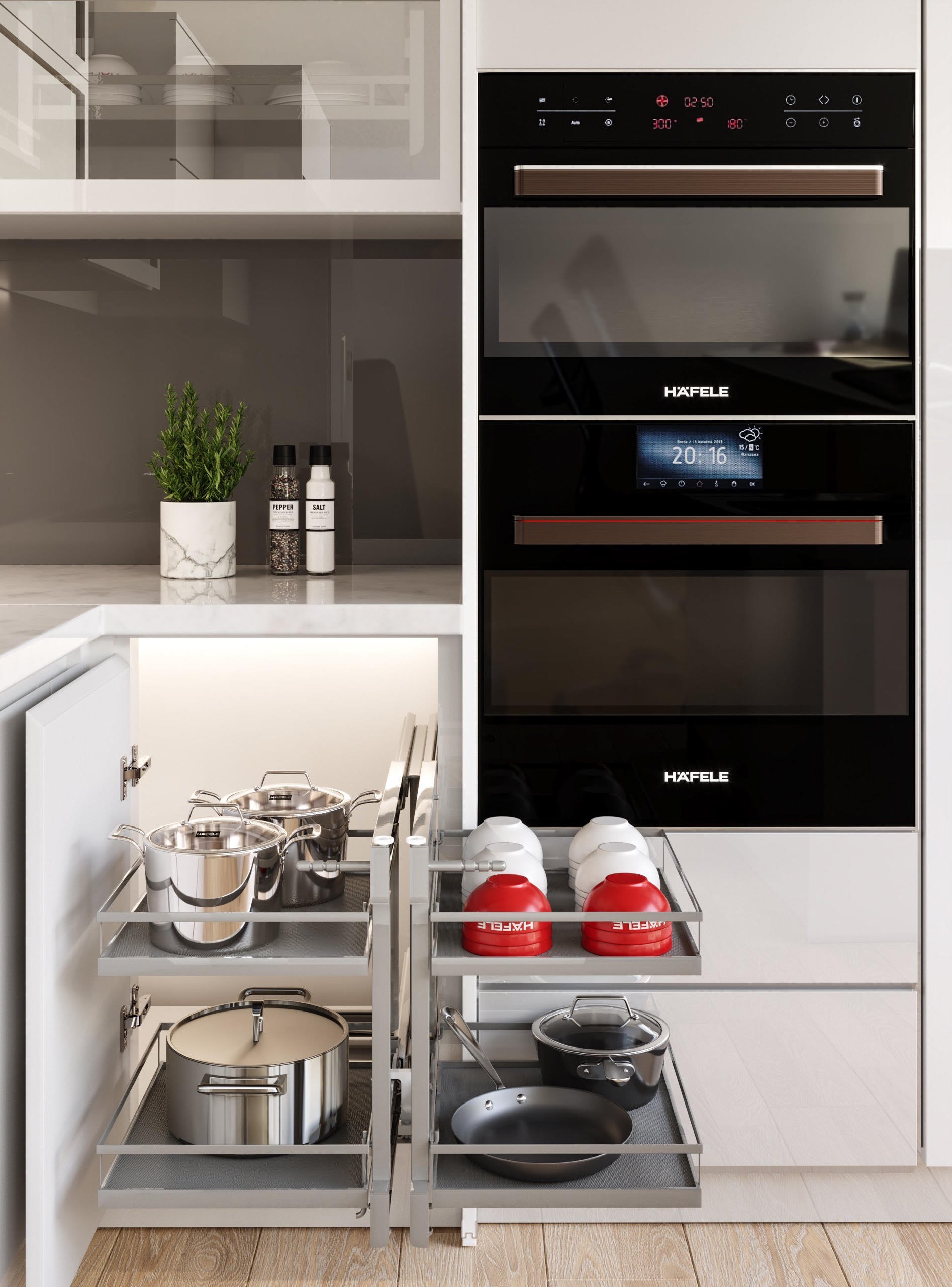 Phụ kiện kệ góc Olla giải pháp tuyệt vời dành cho tủ bếp chữ L với hệ thống mở toàn phần cho phép di chuyển cả 4 khay ra ngoài góc tủ. Ảnh: Häfele