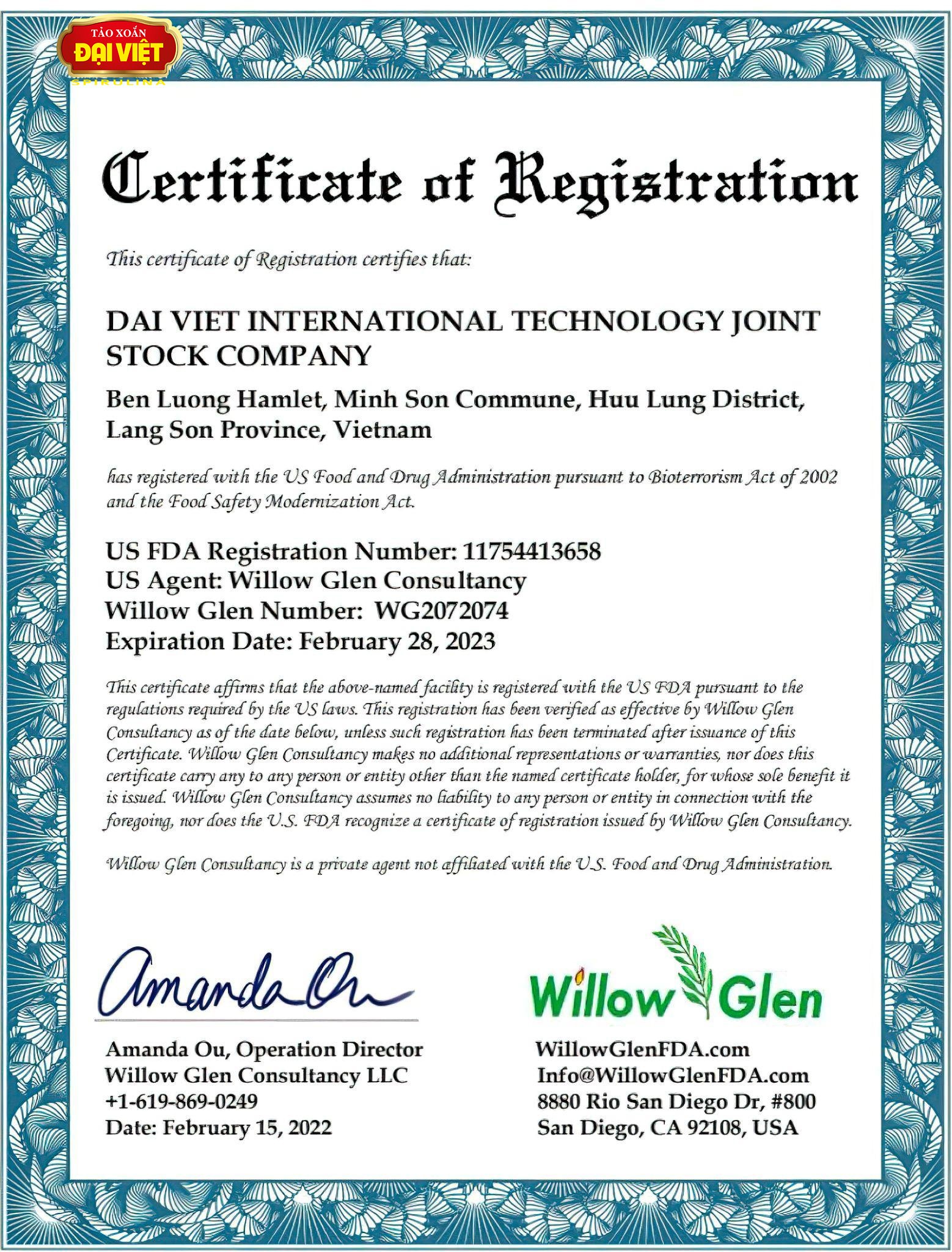 Nhà máy sản xuất của Tảo xoắn Đại Việt đồng thời đạt chuẩn GMP của Bộ Y tế và chứng chỉ FDA của Hoa Kỳ.