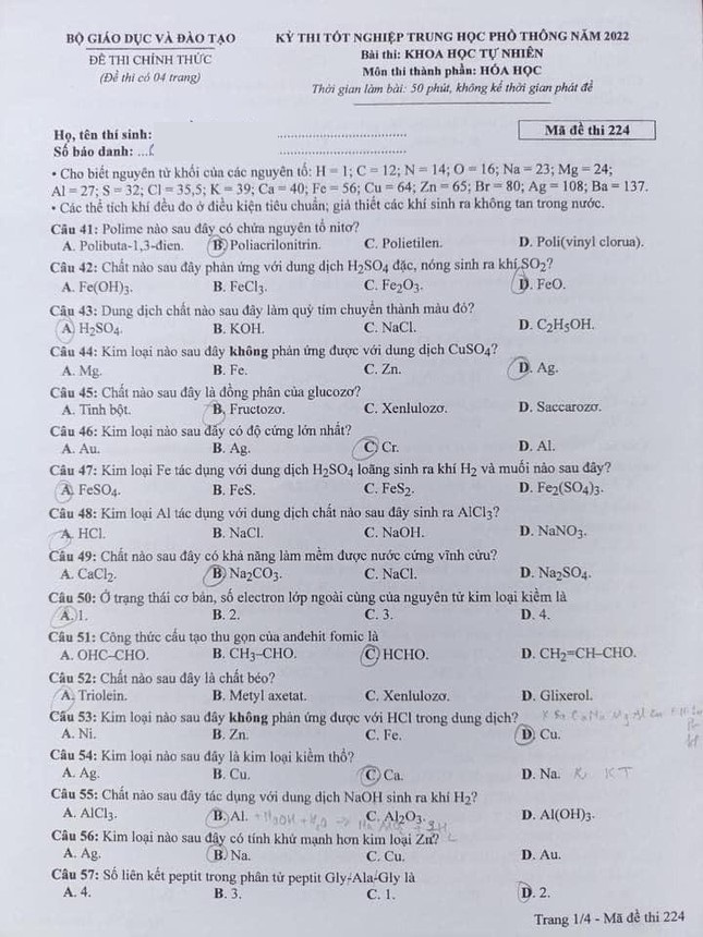 Đáp án môn Hóa học thi tốt nghiệp THPT 2022 - 1