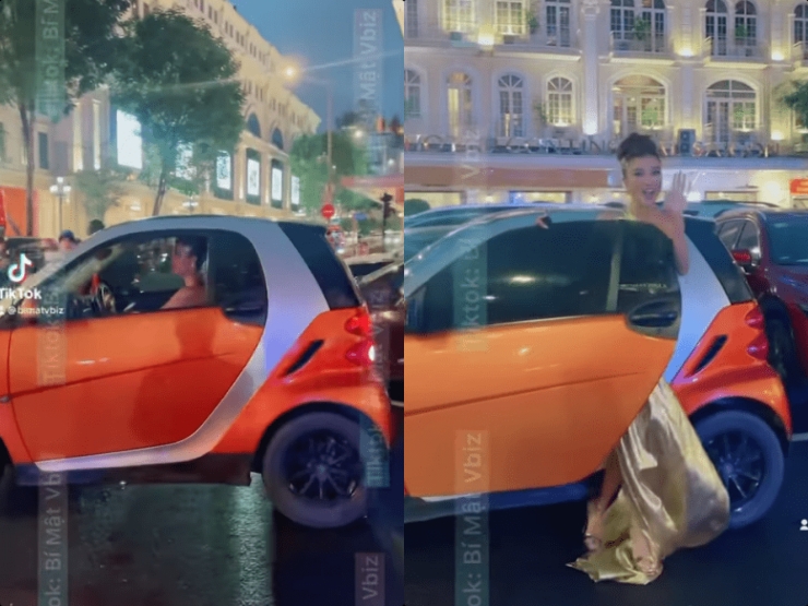 Kim Tuyến xuất hiện tại sự kiện bằng chiếc xe nhỏ gọn, dễ thương (Ảnh: Cắt từ video Bí mật Vbiz)