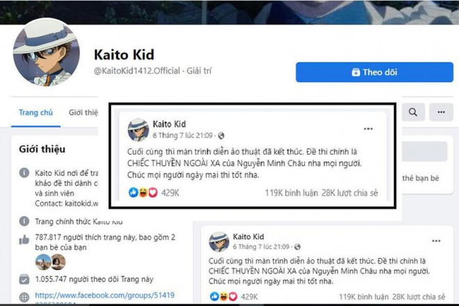 Trang Facebook “Kaito Kid” dự đoán đề thi văn năm 2022. Ảnh chụp màn hình