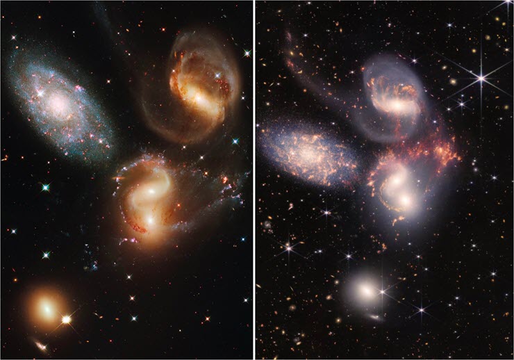 Sự khác biệt của gai nhiễu xạ của ngôi sao được chụp bởi Hubble (trái) và JWST (phải).