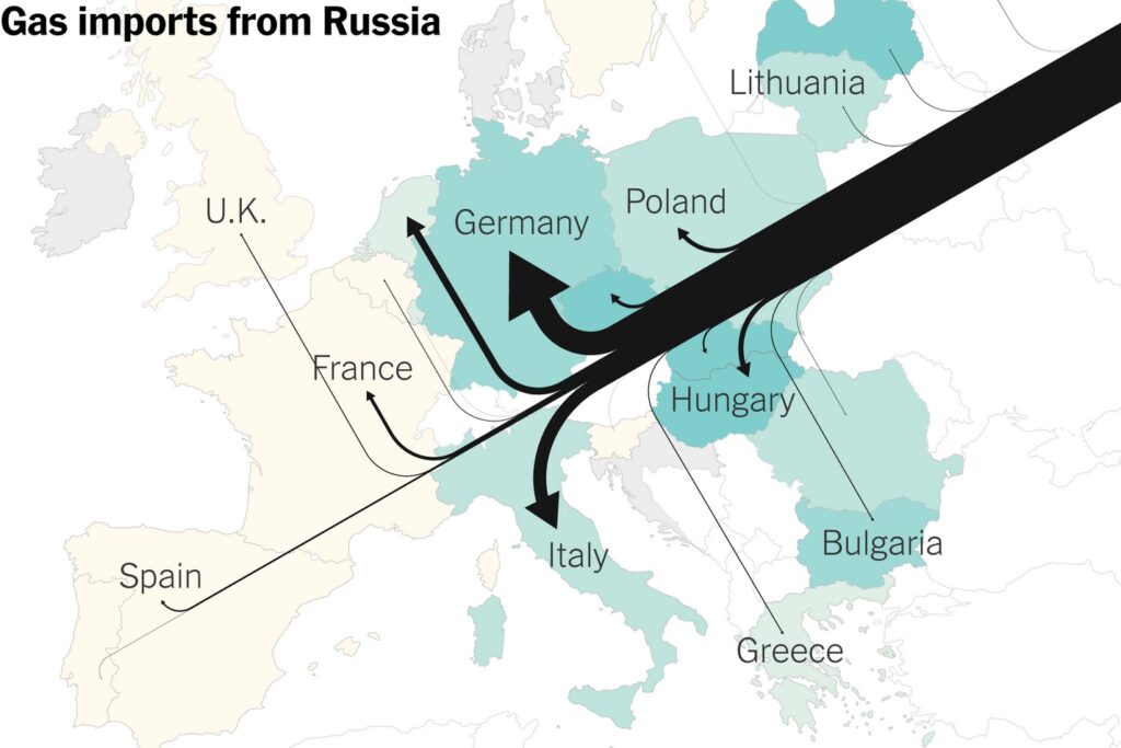 Bản đồ dòng khí đốt từ&nbsp;Nga&nbsp;xuất khẩu đến các nước phương Tây (ảnh: RT)