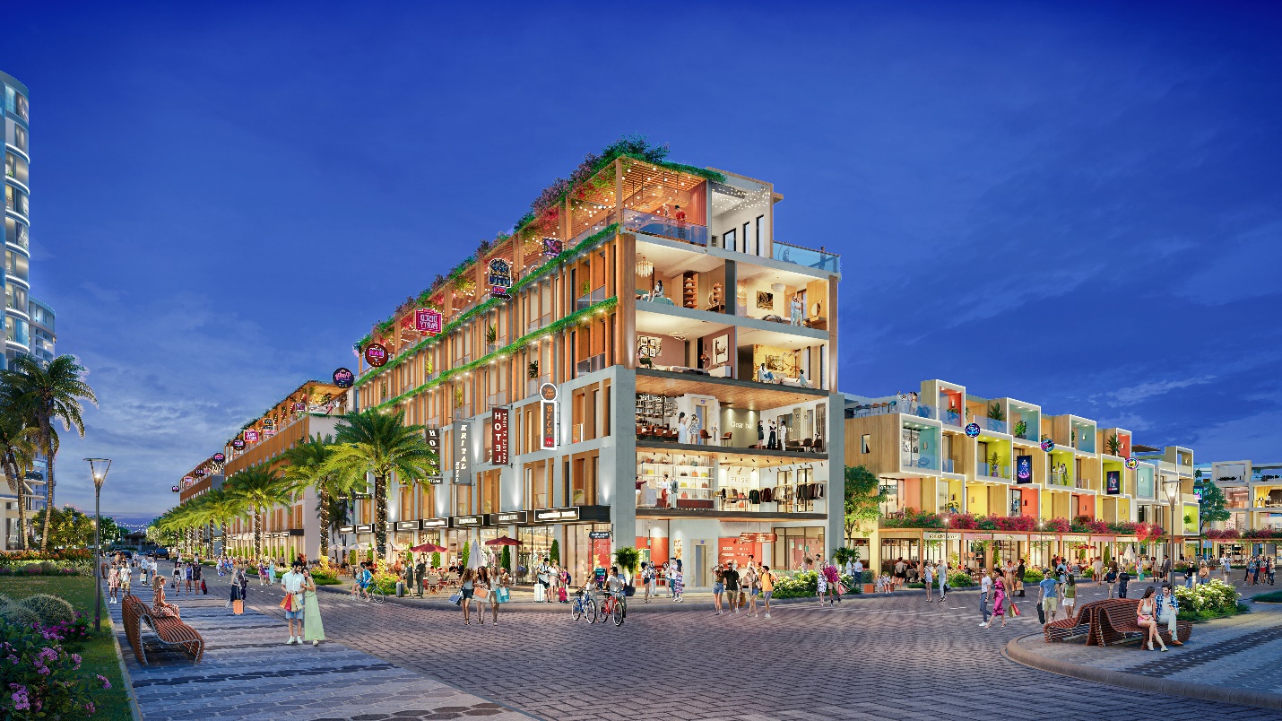 Mặt cắt mô phỏng không gian khai thác thương mại và khai thác lưu trú tại Shoptel Thanh Long Bay