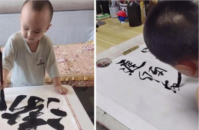 Khả năng viết thư pháp điêu luyện hai bé trai khiến không ít cư dân mạng ngỡ ngàng. Ảnh: Handout