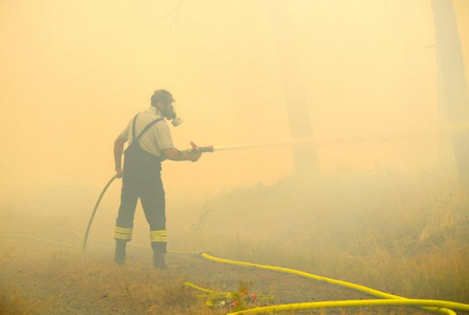 Một người lính cứu hỏa ở Đức chiến
đấu trong đám cháy rừng hôm 19-7 - Ảnh: REUTERS