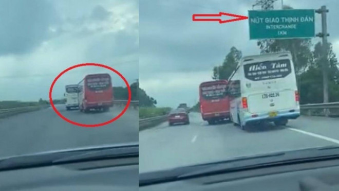 Hình ảnh 2 xe khách chèn ép nhau trên đường cao tốc Hà Nội - Thái Nguyên. Ảnh cắt từ clip.