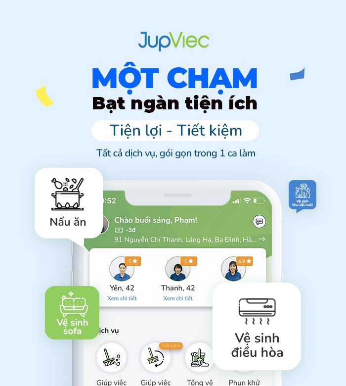 Hình các dịch vụ gói gọn trong 1 ca làm của JupViec.vn