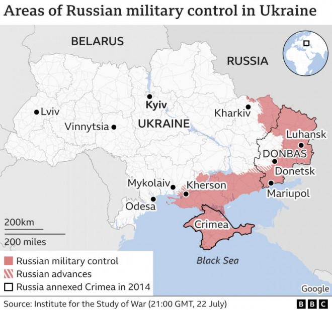 Bản đồ tình hình kiểm soát ở Ukraine sau 5 tháng giao tranh, với vùng màu đỏ do Nga kiểm soát, vùng gạch chéo đang diễn ra giao tranh. Đồ họa: BBC/ISW