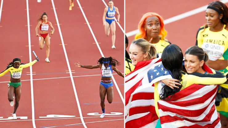 Terry Aleia (áo xanh) giúp tuyển Mỹ vượt qua đối thủ Jamaica giành HCV 4x100m nữ