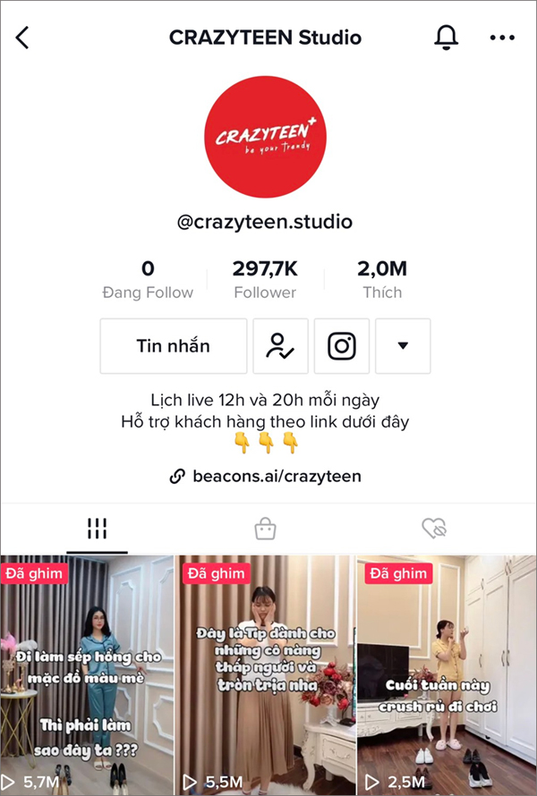 Ngoài fanpage Crazyteen còn có kênh Tiktok với 2 triệu lượt thích và nhiều video lên xu hướng.