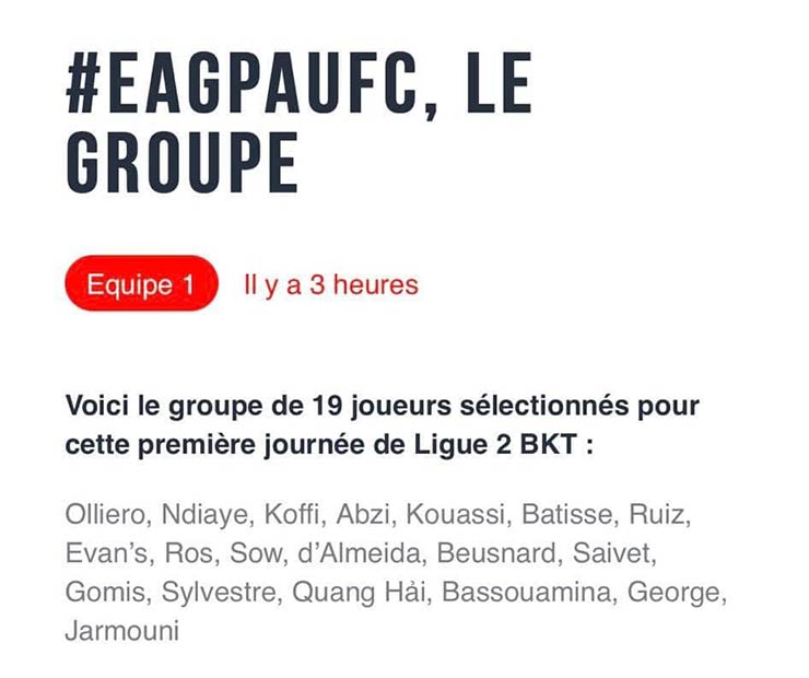 19 cầu thủ được Pau FC đăng ký cho trận ra quân Ligue 2 gặp Guingamp