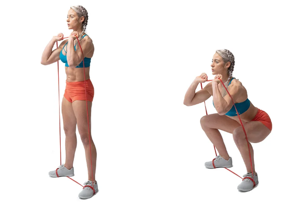 Bài tập Squat kết hợp dây kháng lực.