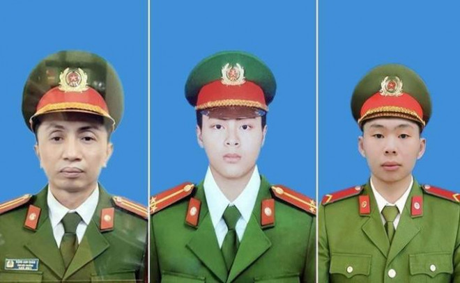3 cán bộ, chiến sĩ công an: Thượng tá Đặng Anh Quân, Thượng úy Đỗ Đức Việt, Hạ sĩ Nguyễn Đình Phúc (từ trái qua) hi sinh khi làm nhiệm vụ