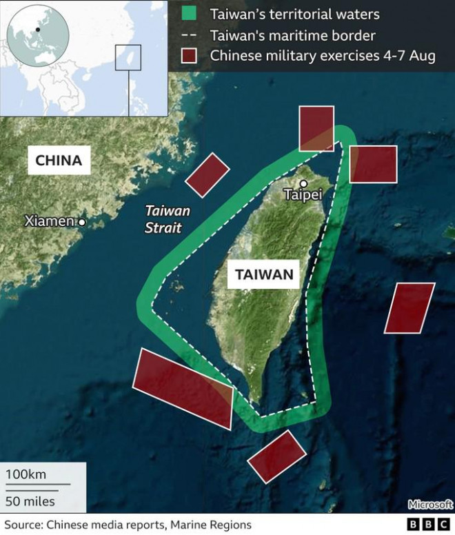 Trung Quốc tập trận tại 6 khu vực chính quanh hòn đảo Đài Loan. Ảnh: BBC