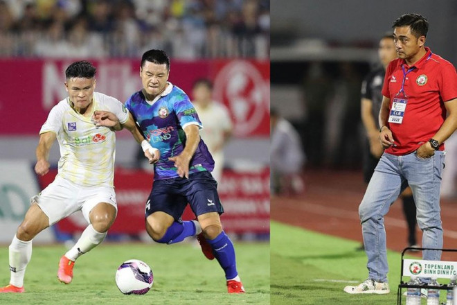 Tuấn Hải (trái) ghi bàn duy nhất cho Hà Nội, đứng bên ngoài, HLV Đức Thắng bất lực dù sở hữu dàn sao lớn lại đá sân nhà. Ảnh: ANH PHƯƠNG