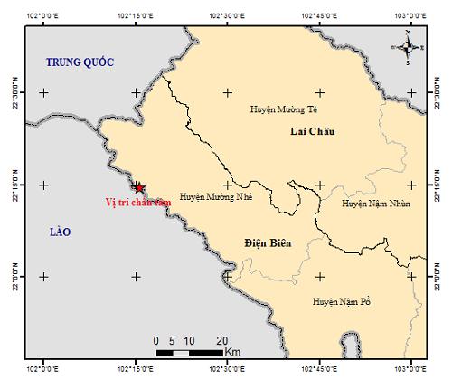 Tâm chấn (dấu sao) trận động đất xảy ra sớm nay (10/8) tại Điện Biên.