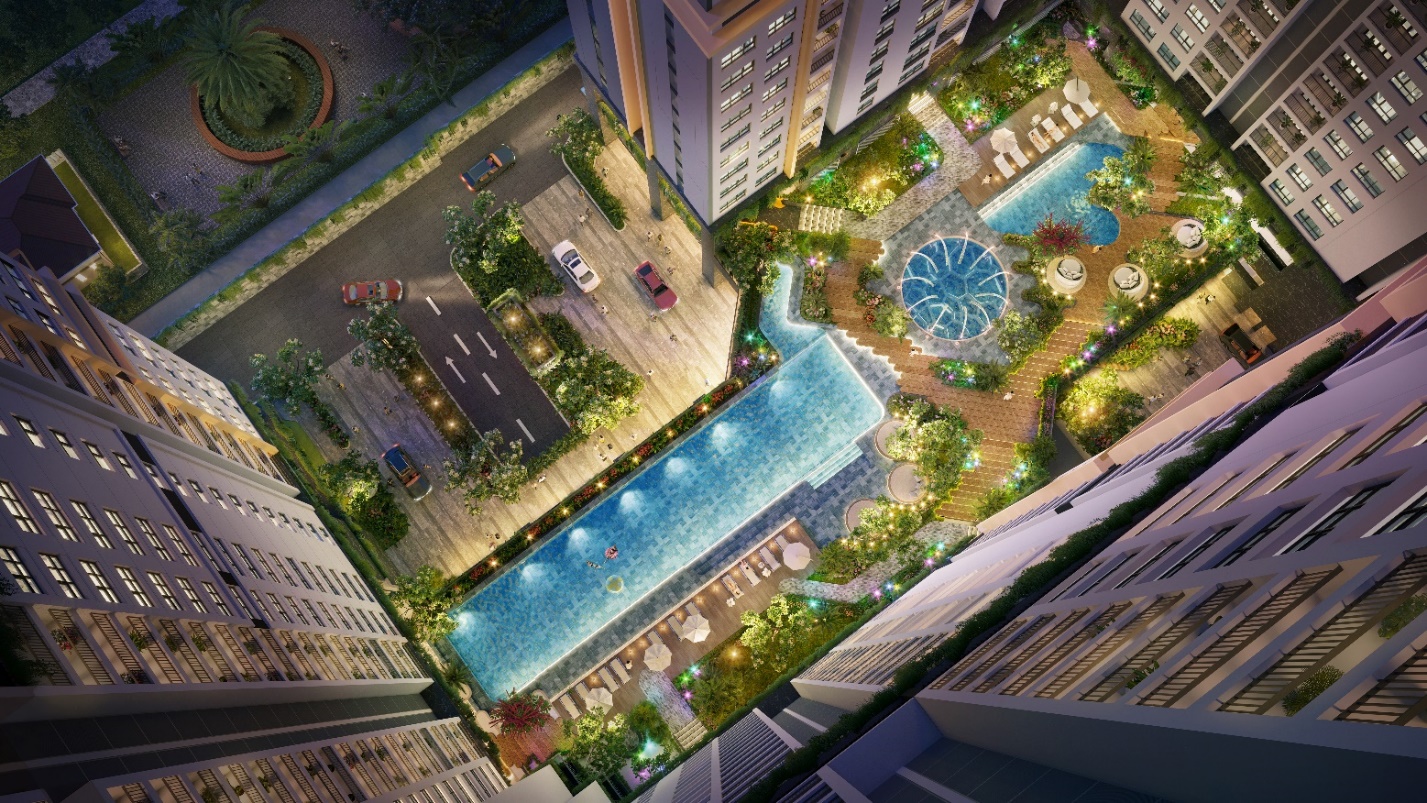 Góc nhìn từ tầng thượng hướng về khu tiện ích tầng 3 của Happy One Central.