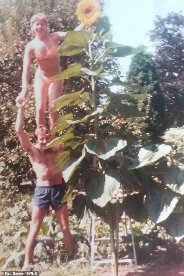 Paul Szewc và vợ Sandy tạo dáng bên một bông hoa hướng dương cao 3,65m vào tháng 9/1984