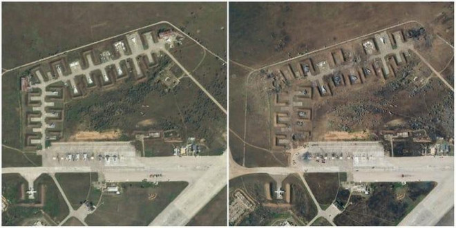 Ảnh vệ tinh cho thấy căn cứ không quân Saki của Nga trên bán đảo Crimea ngày 9-8 (trái) và ngày 10-8. Ảnh: Planet Labs/Reuters