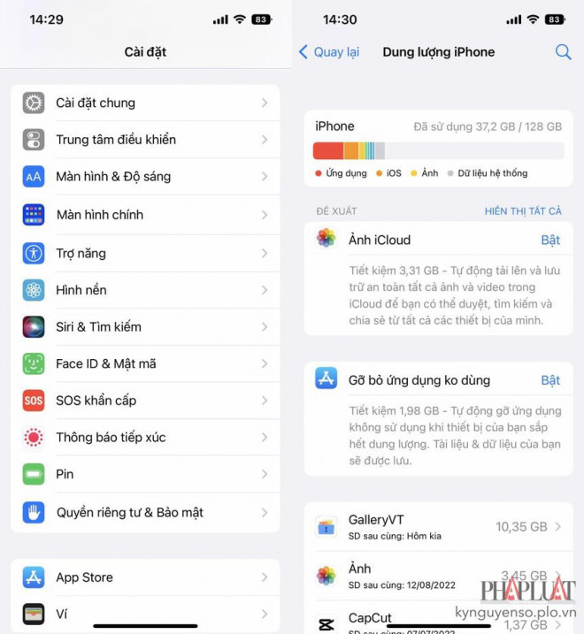 Truy cập vào phần quản lí dung lượng trên iPhone. Ảnh: MINH HOÀNG