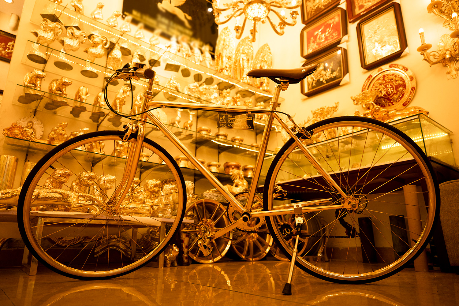 Chiếc xe thuộc sở hữu của anh Vũ Hoàng Long (Đống Đa, Hà Nội). Theo tìm hiểu, đây là dòng xe đạp thể thao cao cấp của Nhật được anh Long mua về để chế tác mạ vàng.