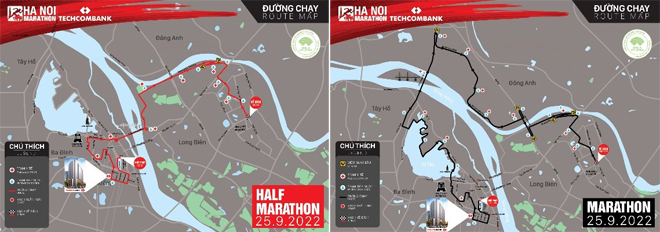 Sơ đồ đường chạy tương ứng 4 cự ly tại Hà Nội Marathon Techcombank.