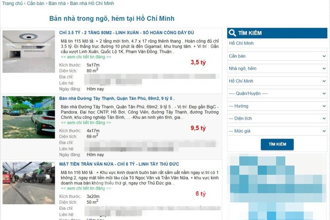 Những thông tin nhà rao bán trên một trang web bất động sản