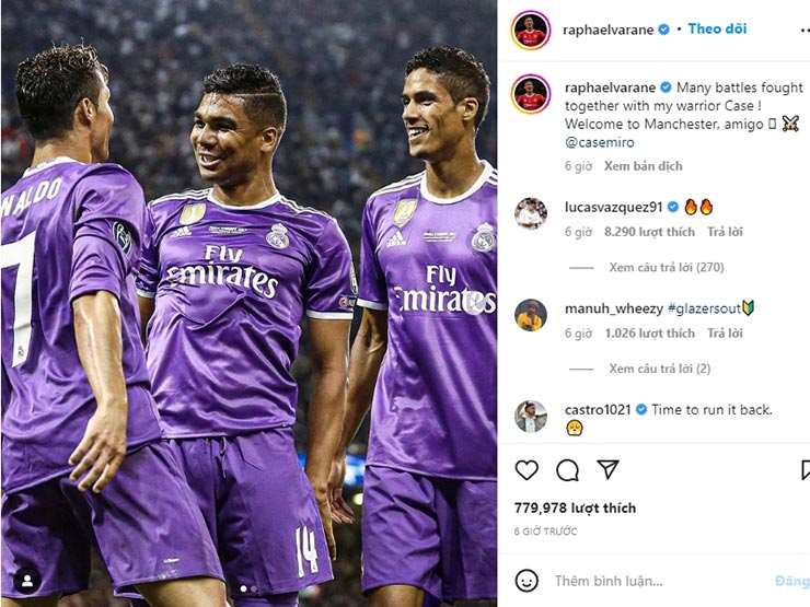 Bóng đá - Varane chào đón "chiến hữu" Casemiro tới MU, ngầm tiết lộ Ronaldo ở lại