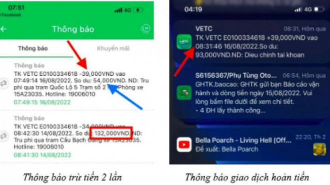 Thông báo trừ tiền cho khách hàng của VETC