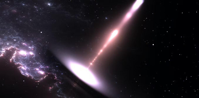 Ảnh đồ họa mô tả dòng vật chất bắn ra từ siêu lỗ đen - Ảnh: THE CONVERSATION