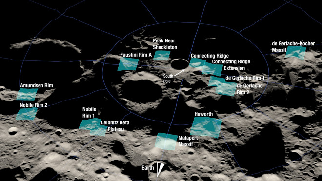 Các nhà khoa học sẽ chọn một trong 13 địa điểm được đánh dấu cho cuộc đổ bộ Mặt Trăng sắp tới - Ảnh: NASA