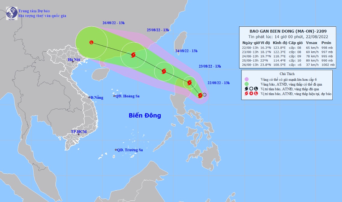 Vị trí và hướng di chuyển tiếp theo của bão Maon (Ảnh: Trung tâm Dự báo KTTVQG)
