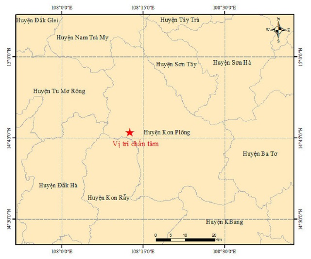 Động đất liên tiếp xảy ra tại khu vực huyện Kon Plông, gần Thủy điện Thượng Kon Tum (Ảnh: Viện Vật lý địa cầu)