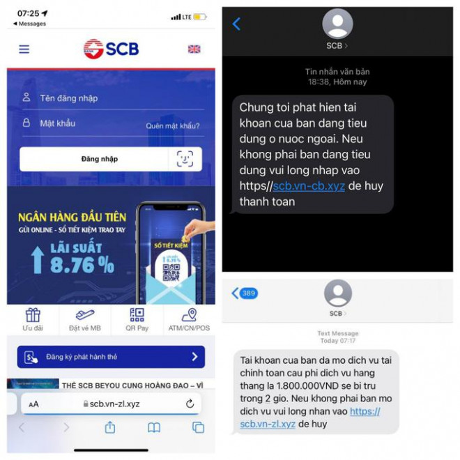 Tin nhắn và giao diện mạo danh SCB