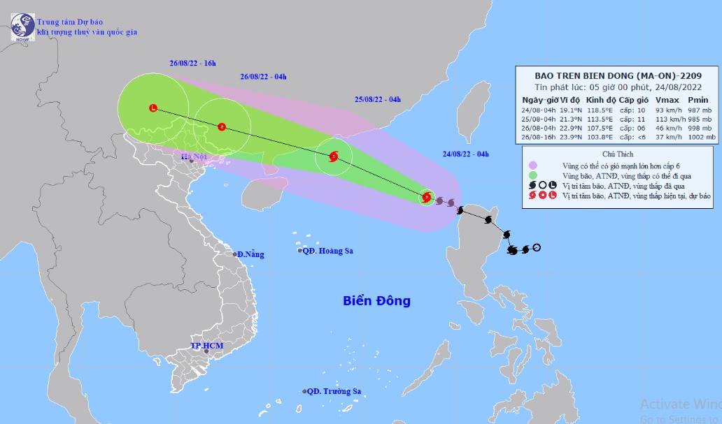 Vị trí và hướng di chuyển tiếp theo của bão số 3 Maon. (Ảnh: Trung tâm Dự báo KTTVQG)