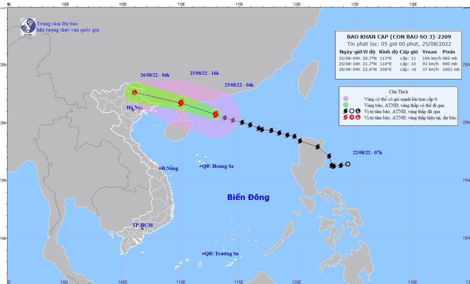 Vị trí và hướng di chuyển tiếp theo của bão số 3 Maon. (Ảnh: Trung tâm Dự báo KTTVQG)