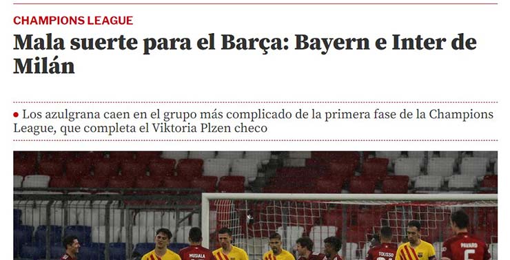 Dòng tít của tờ Mundo Deportivo: "Điềm gở cho Barca: Bayern và Inter Milan"