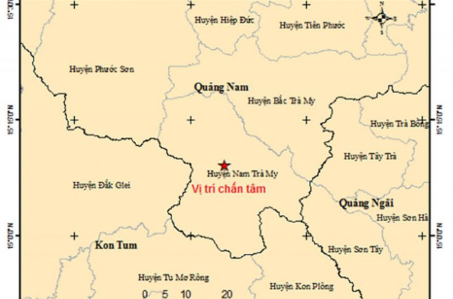 Vị trí chấn tâm trận động đất xảy ra tại huyện Nam Trà My, Quảng Nam.