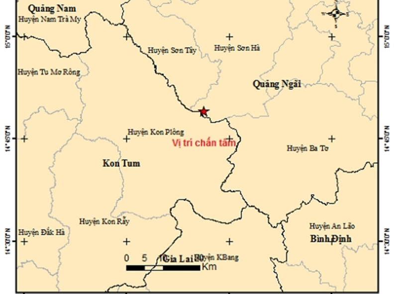 Vị trí chấn tâm trận động đất xảy ra tại huyện Sơn Hà, Quảng Ngãi.