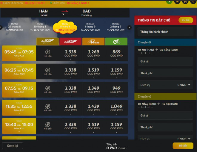 Giá vé của hãng VietJet Air cũng tăng dần từ ngày 31/8, trước kỳ nghỉ lễ 1 ngày.