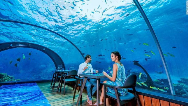 Nhà hàng 5.8 ở Maldives là nhà hàng dưới đáy biển lớn nhất thế giới. Thực đơn trị giá 200 USD đi kèm khung cảnh rạn san hô tuyệt đẹp. Nguồn: CNN.