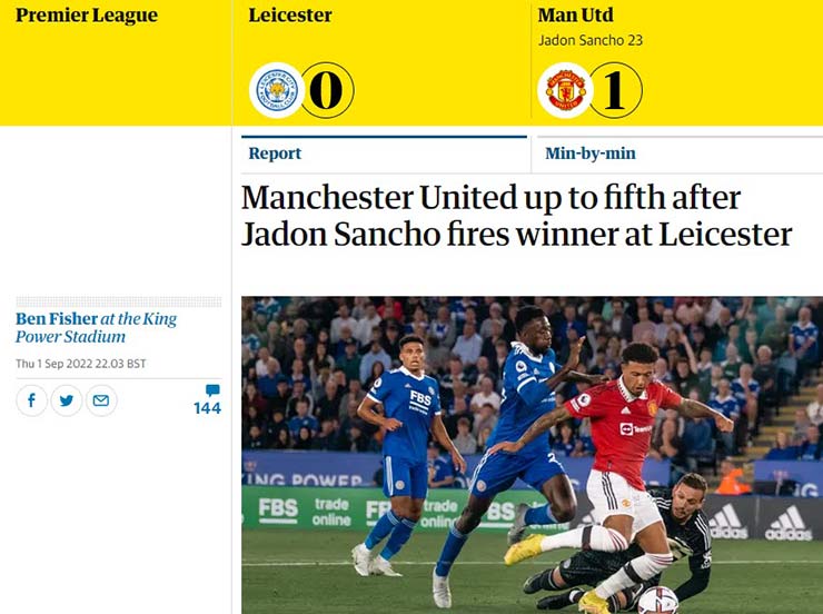 "MU vượt lên thứ 5 sau khi Sancho ghi bàn đánh bại&nbsp;Leicester" - bài viết của tờ The Guardian