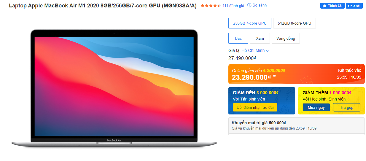 MacBook Air M1 2020 đang được giảm giá xuống khá thấp.