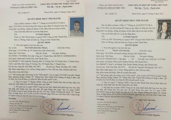 Quyết định truy tìm 2 thanh niên của Công an tỉnh Thanh Hóa