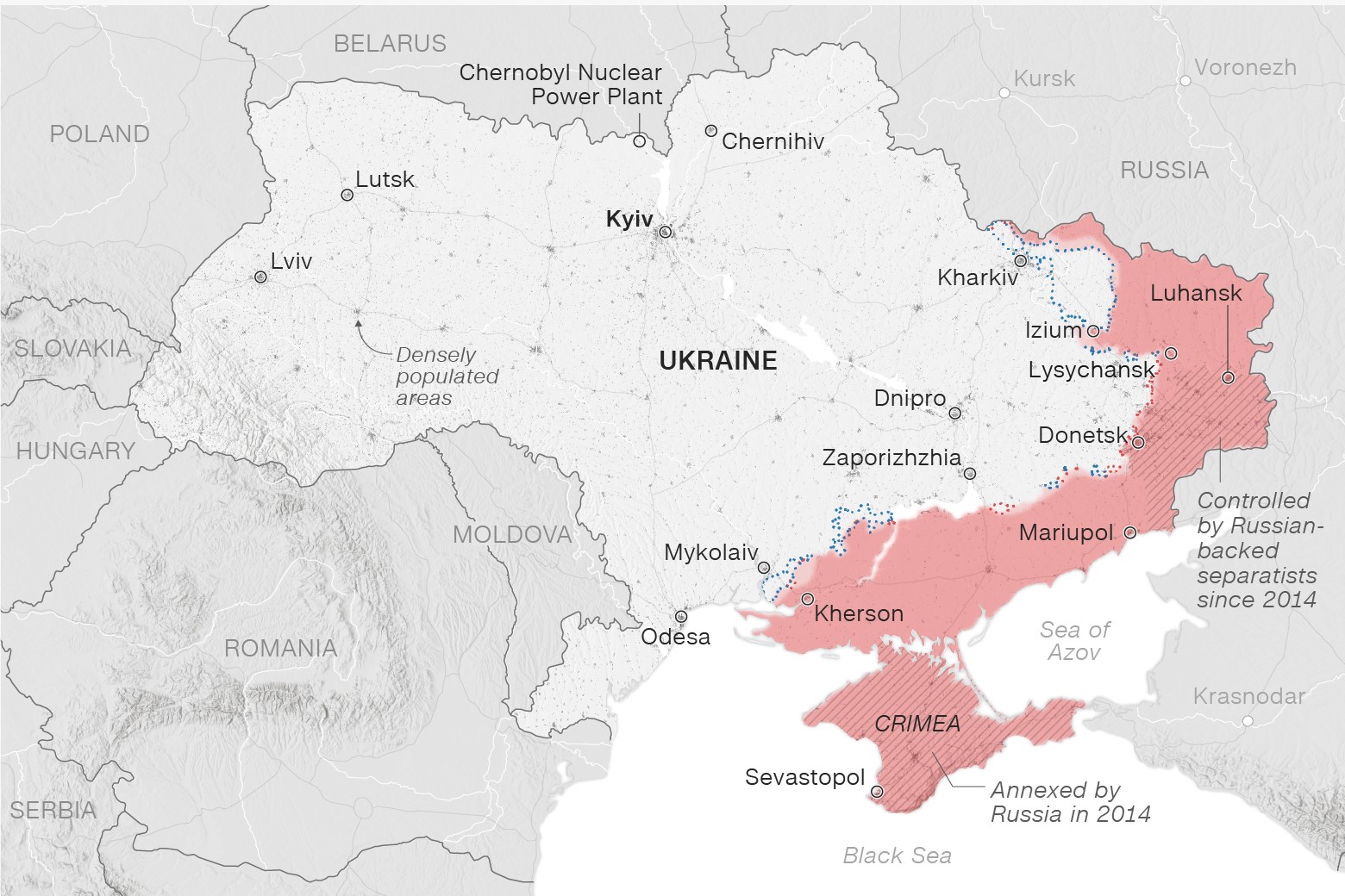 Bản đồ chiến sự ở Ukraine, vùng màu hồng là khu vực quân đội Nga đang kiểm soát (ảnh: CNN)